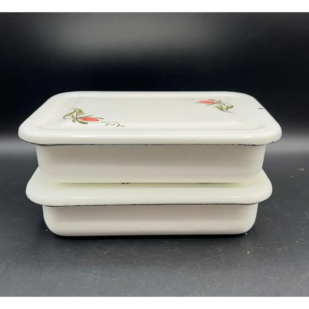 VTG White Floral Design Enamelware Refrigerator Box w/ Lid 7x5x2 Farmhouse